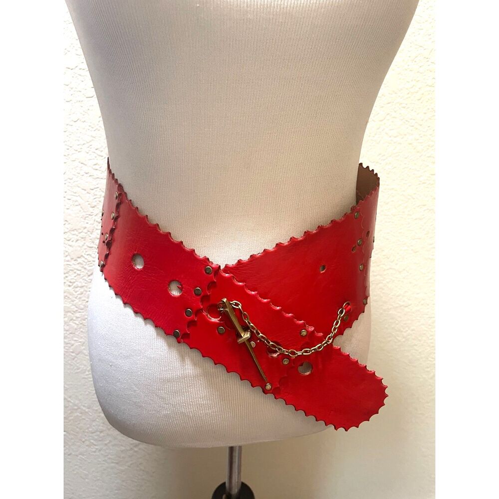 Red Leather Gothic Chain & Dagger Belt, Scalloped, Wide Punk Hip, Vintage Brass